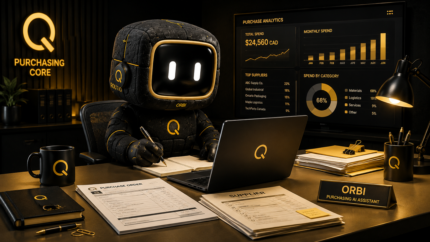 Orbi working at a purchasing desk